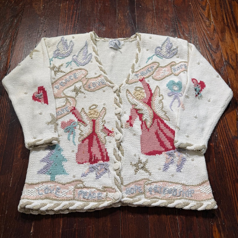 Stitches In Time Cardigan Women L Cream Angel Pearl Metallic Holiday Sweater